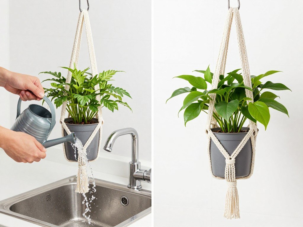 Demonstration of proper plant watering technique to protect macrame