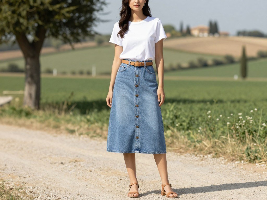 Denim midi skirt with white cotton top summer outfit
