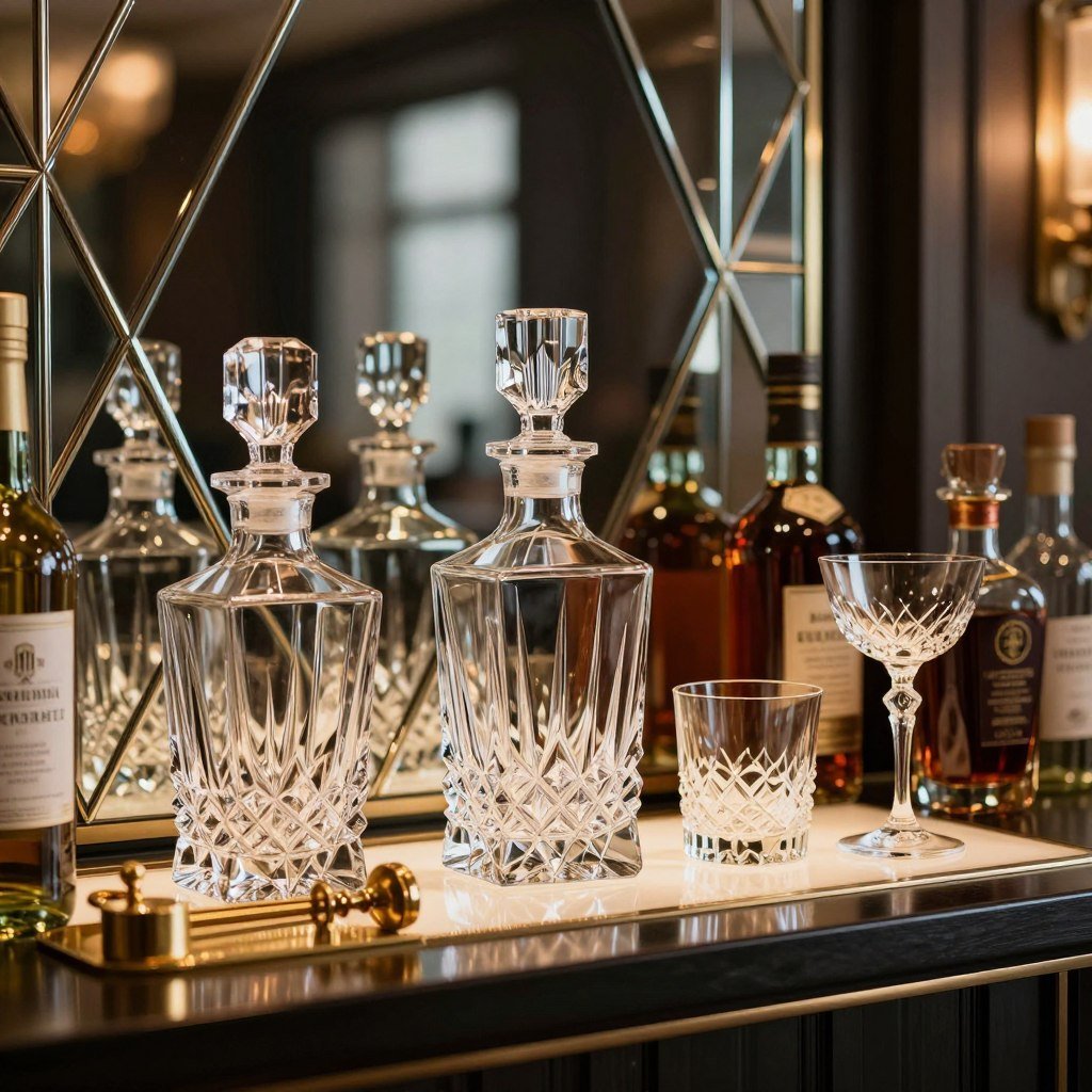 Detail of Art Deco bar with crystal glassware and metallic accents for built-in bar ideas
