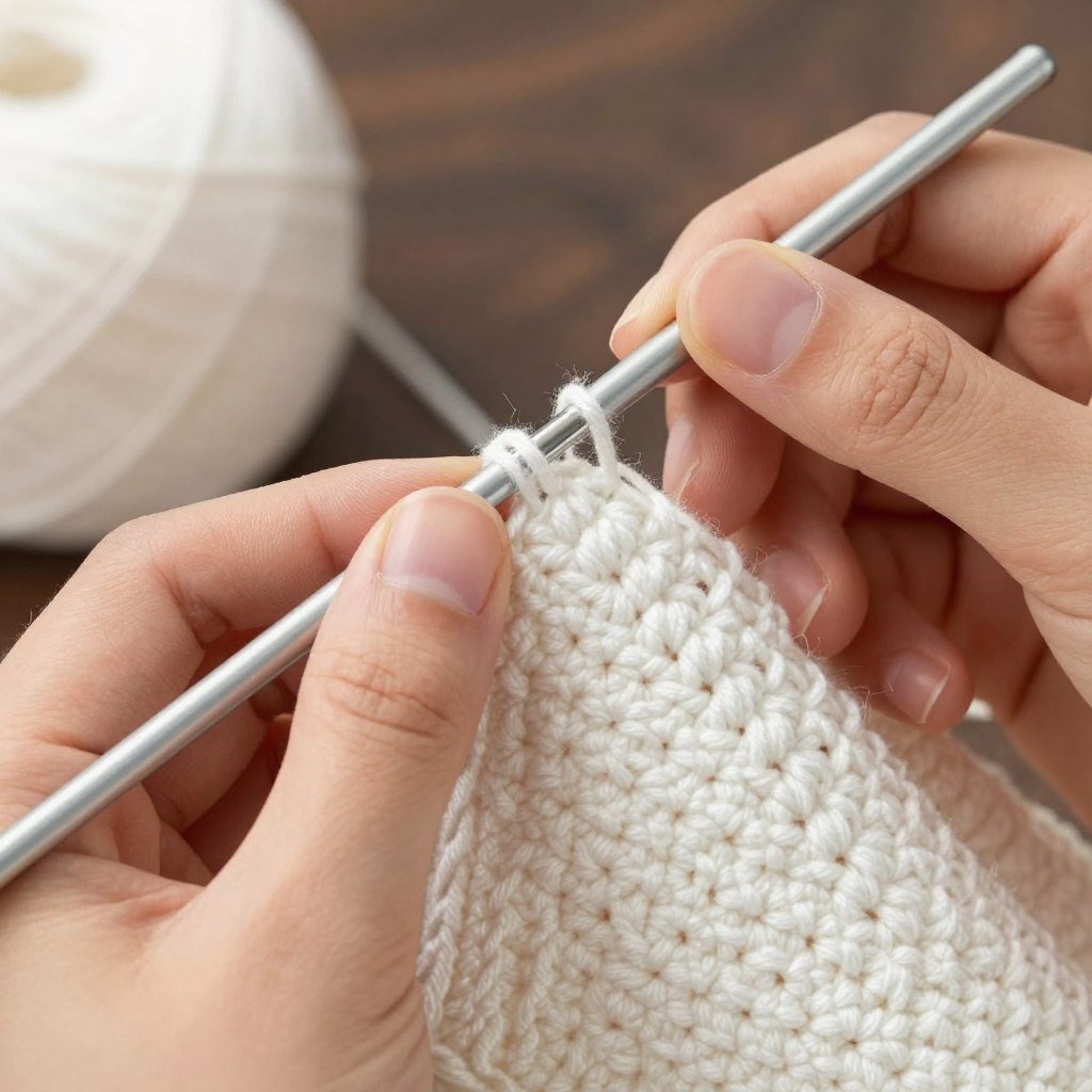 Detailed view of puff stitch technique showing hook pulling through multiple loops