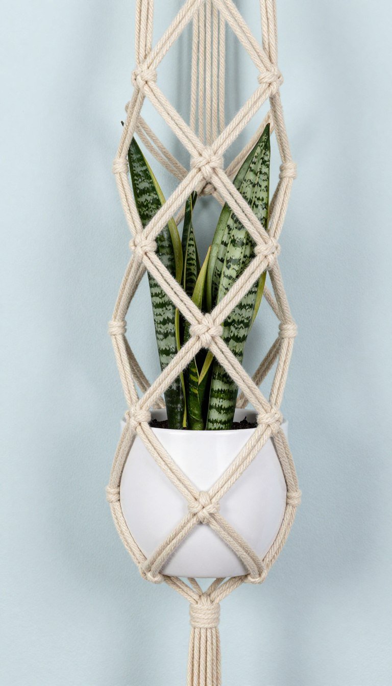 Diamond pattern macrame plant hanger with geometric knot design