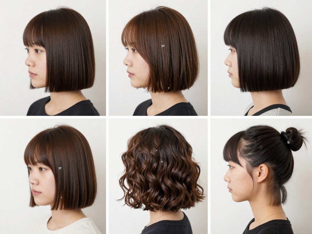 Different styling options for asymmetrical bob on thin hair