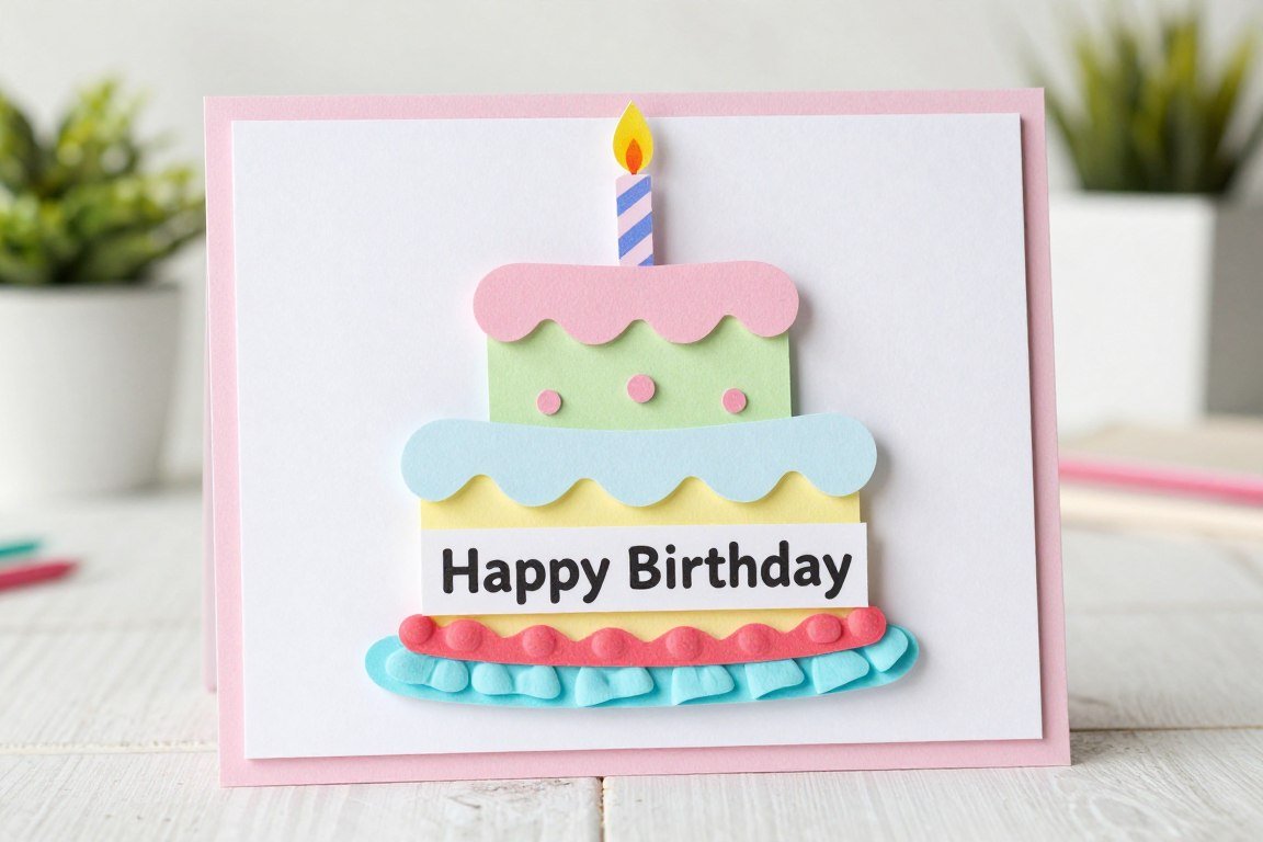 Dimensional birthday card with layered paper creating 3D cake effect