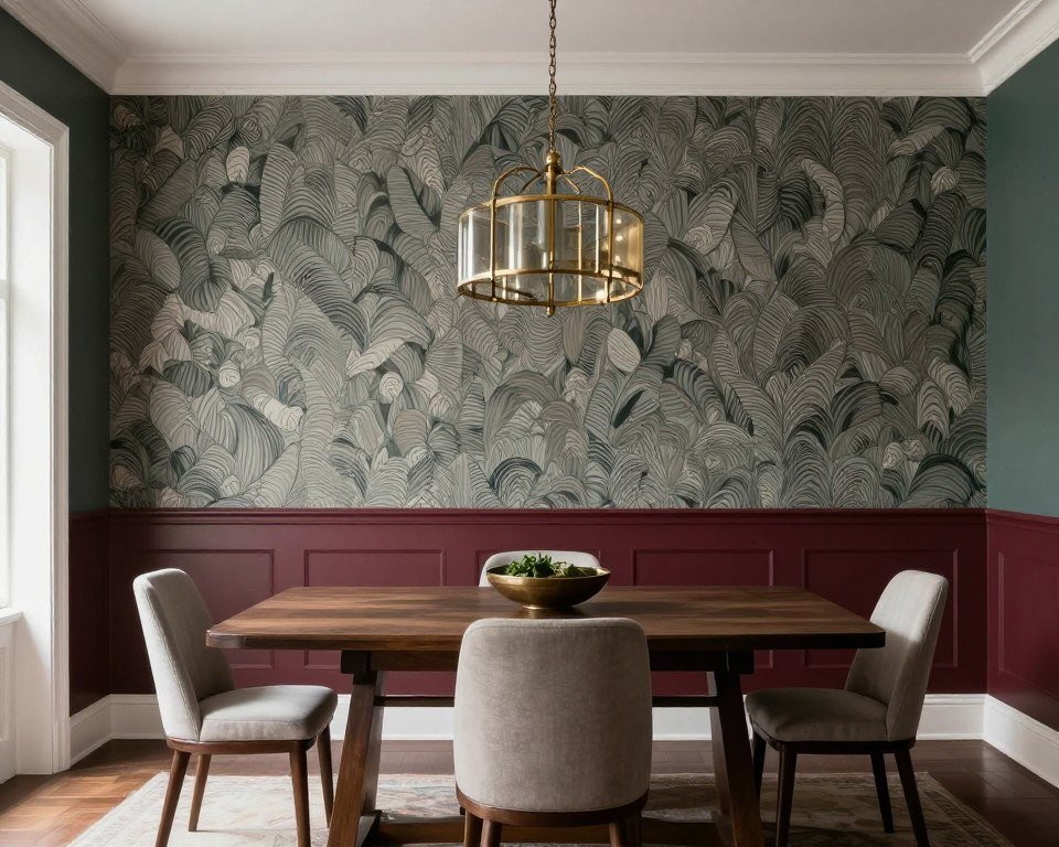 Dining room with half wallpaper half paint on feature wall