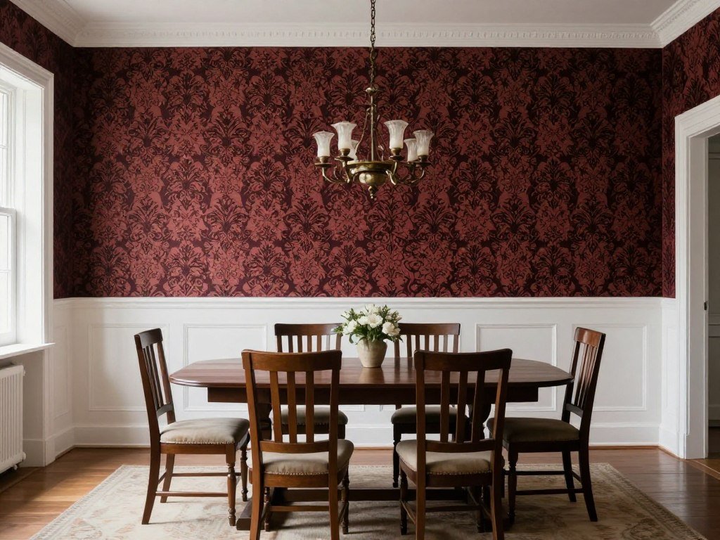 Dining room with wainscoting and damask wallpaper