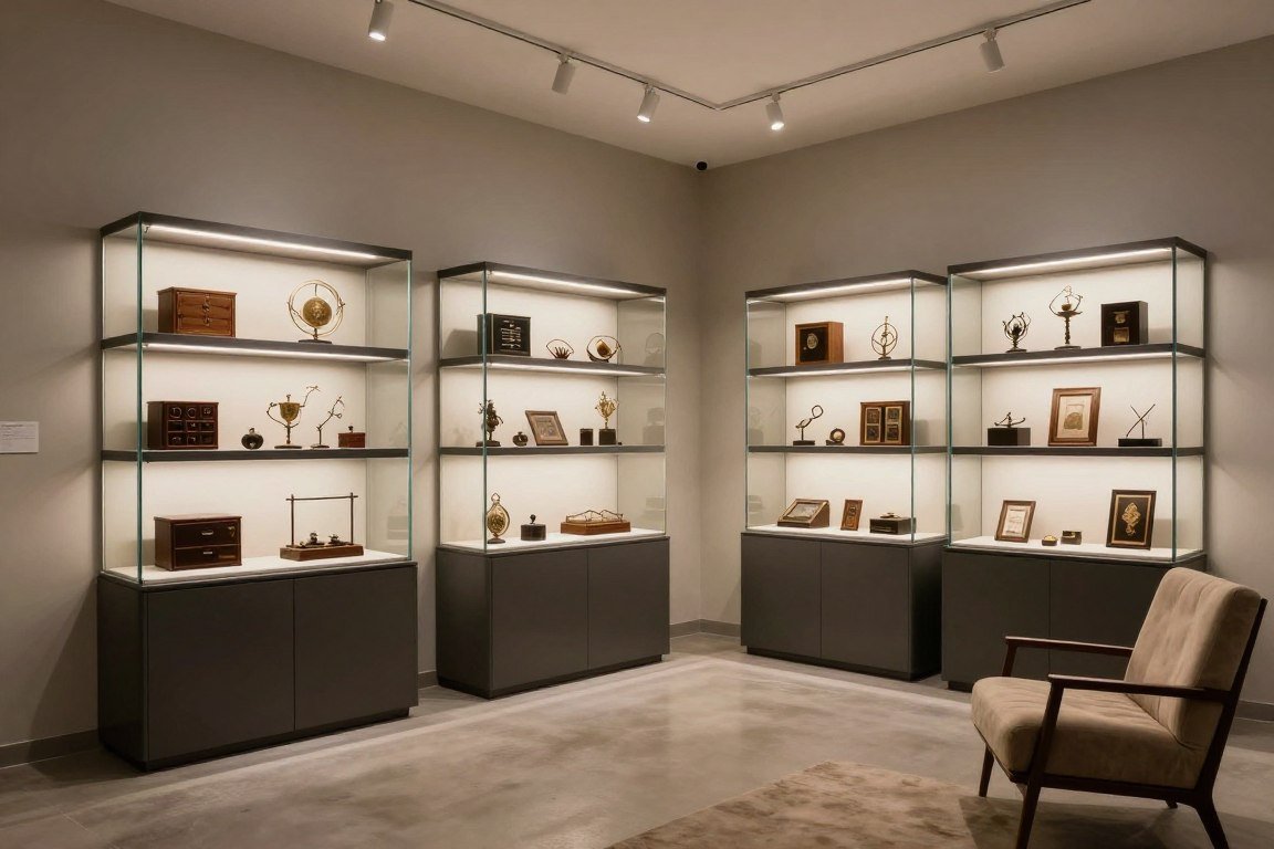 Display gallery room showcasing collectibles with custom lighting