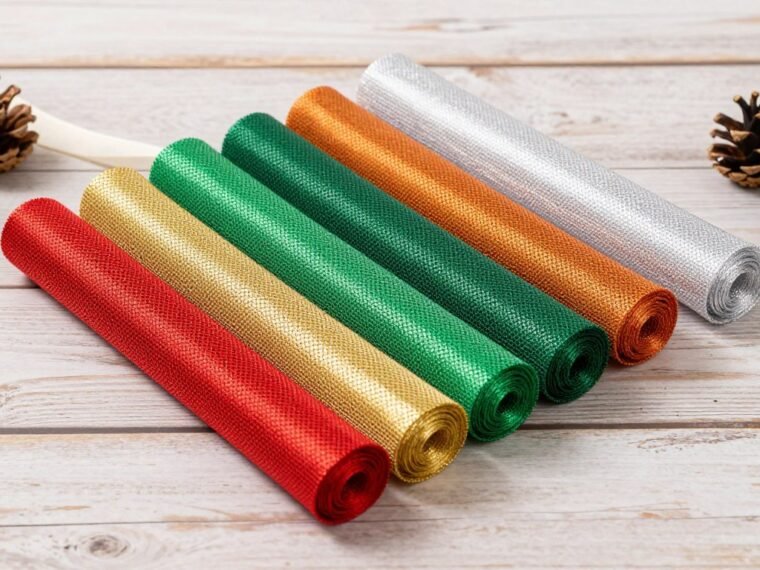 Dollar Tree deco mesh decorations displayed on rustic wooden background