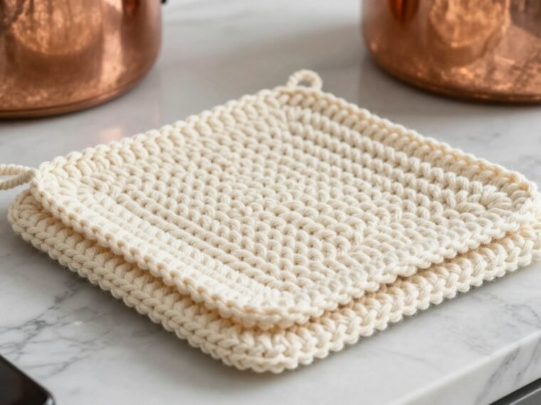 Double Thick Crochet Potholder finished project in cream cotton yarn on kitchen counter