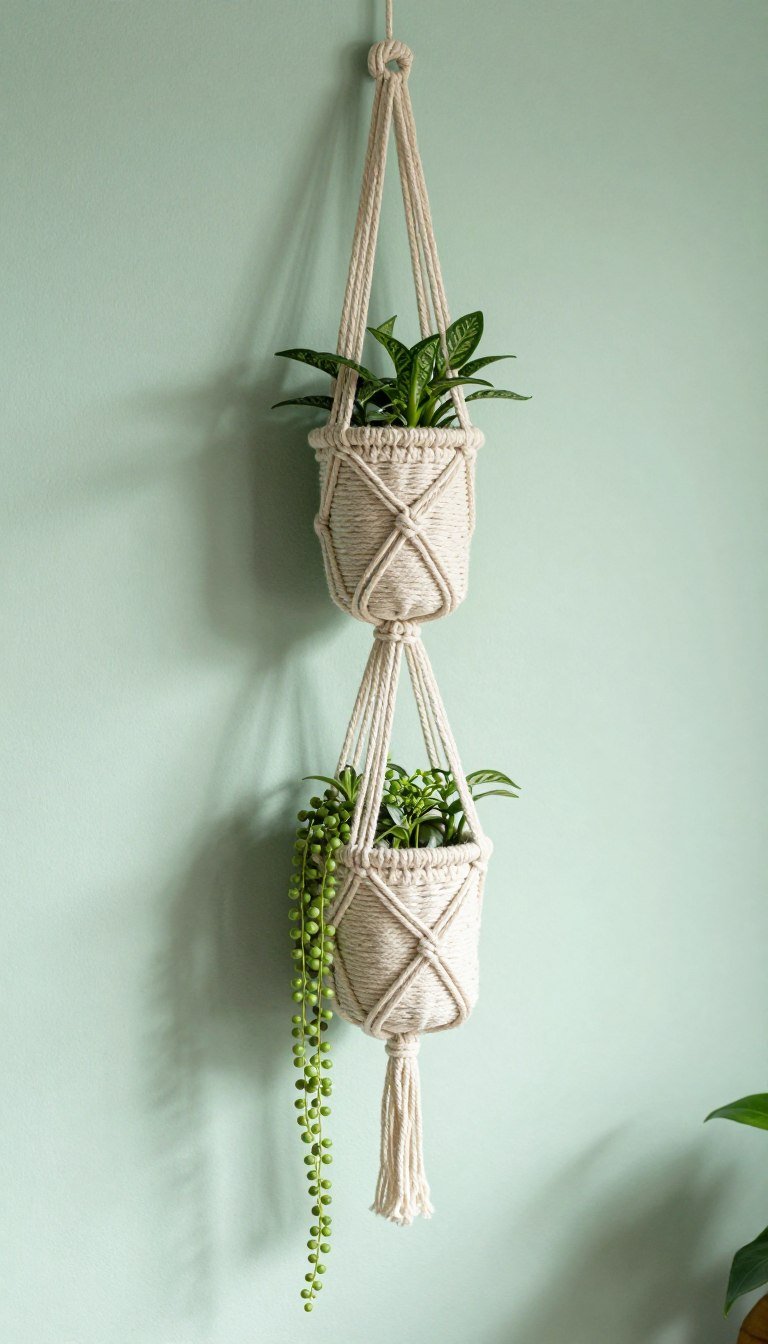 Double-tier macrame plant hanger holding two plants at different heights