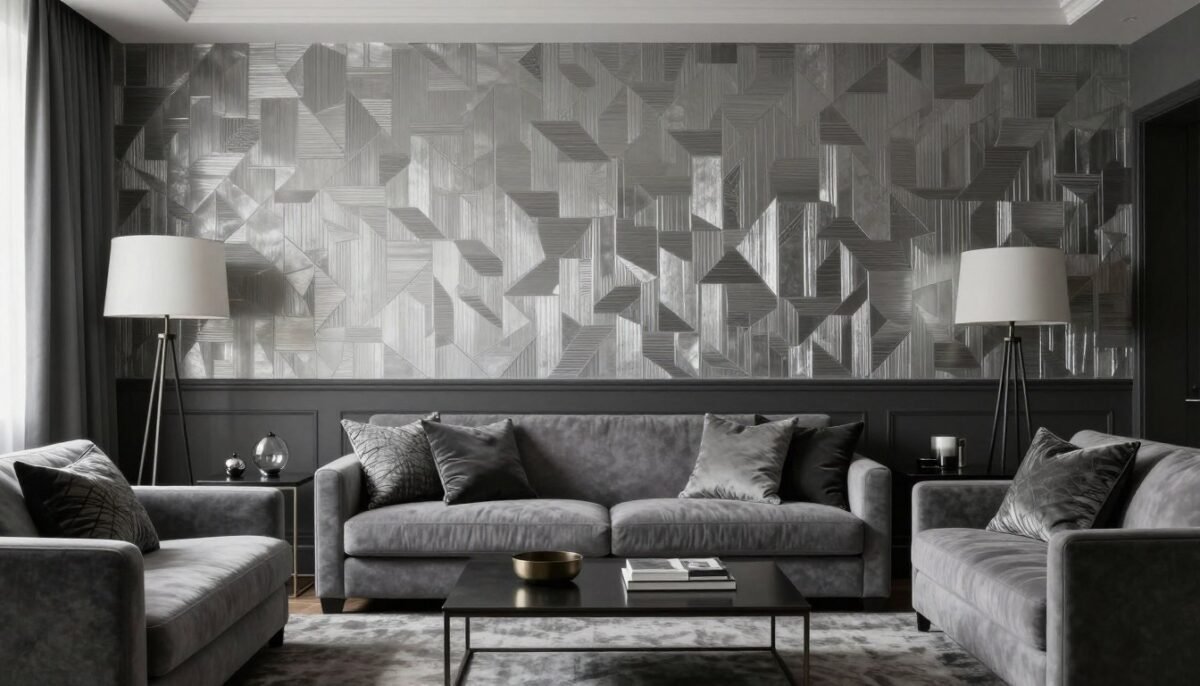 Dramatic living room with metallic wallpaper above charcoal paint