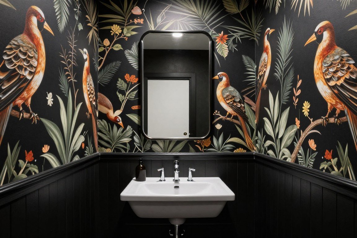 Dramatic powder room with bold wallpaper and black paint