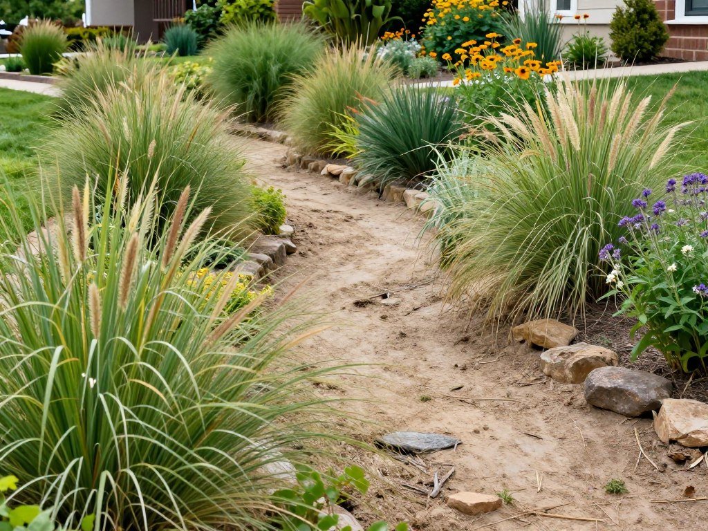 Dry creek bed bordered by native plants and grasses