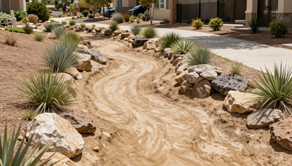 Dry creek bed designed for seasonal water flow with decorative elements