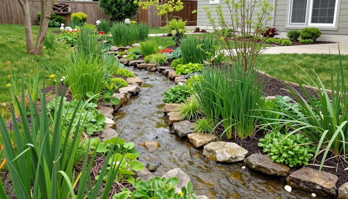 Dry creek bed flowing into rain garden with native plants
