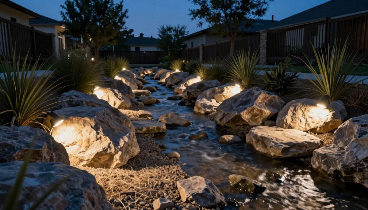 Dry creek bed illuminated with landscape lighting at dusk