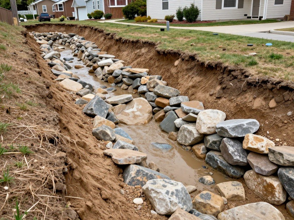 Dry creek bed with multiple rock check dams for erosion control