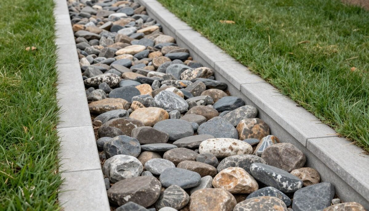 Dry creek bed with stone border edging