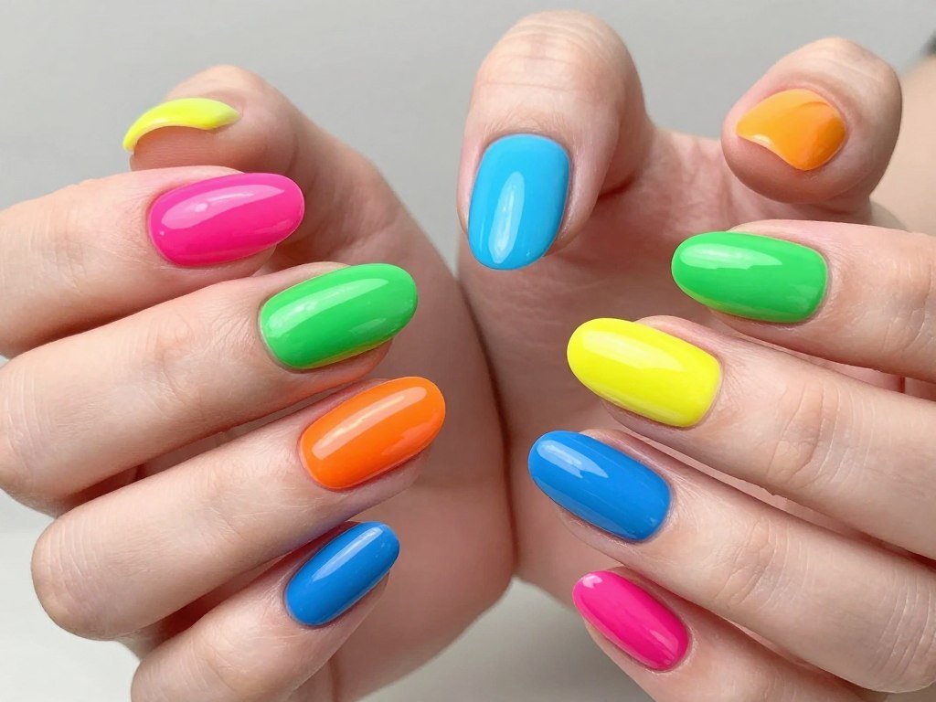 Each nail painted a different bright color