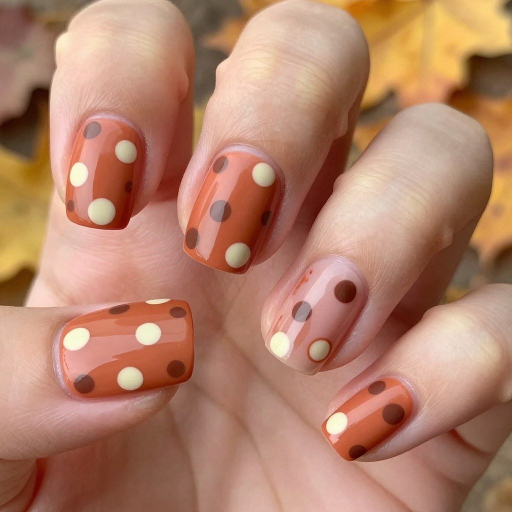 Earth tone polka dots on October nails with brown and cream spots on terracotta base