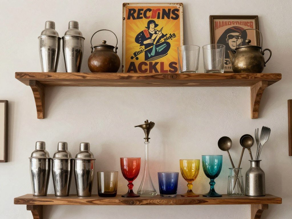 Eclectic bar with vintage collectibles and mixed decor for built-in bar ideas