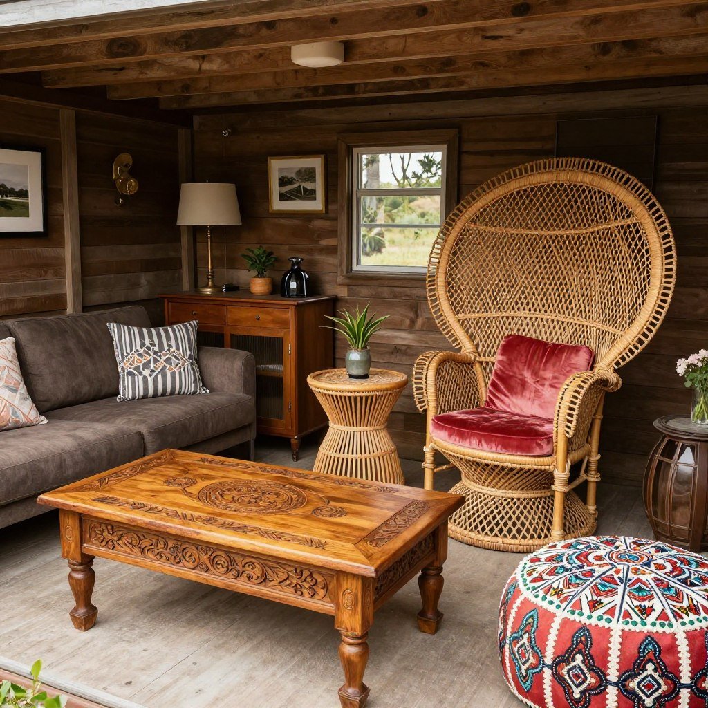 Eclectic furniture in bohemian tiny home
