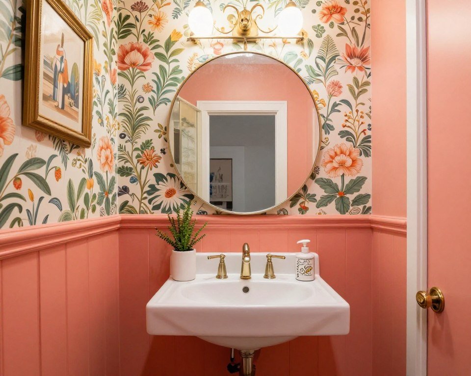 Eclectic powder room with vintage wallpaper and coral paint