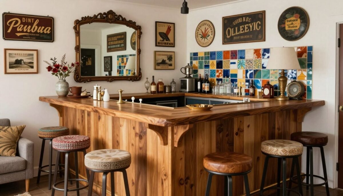 Eclectic vintage bar mixing various materials and styles for built-in bar ideas