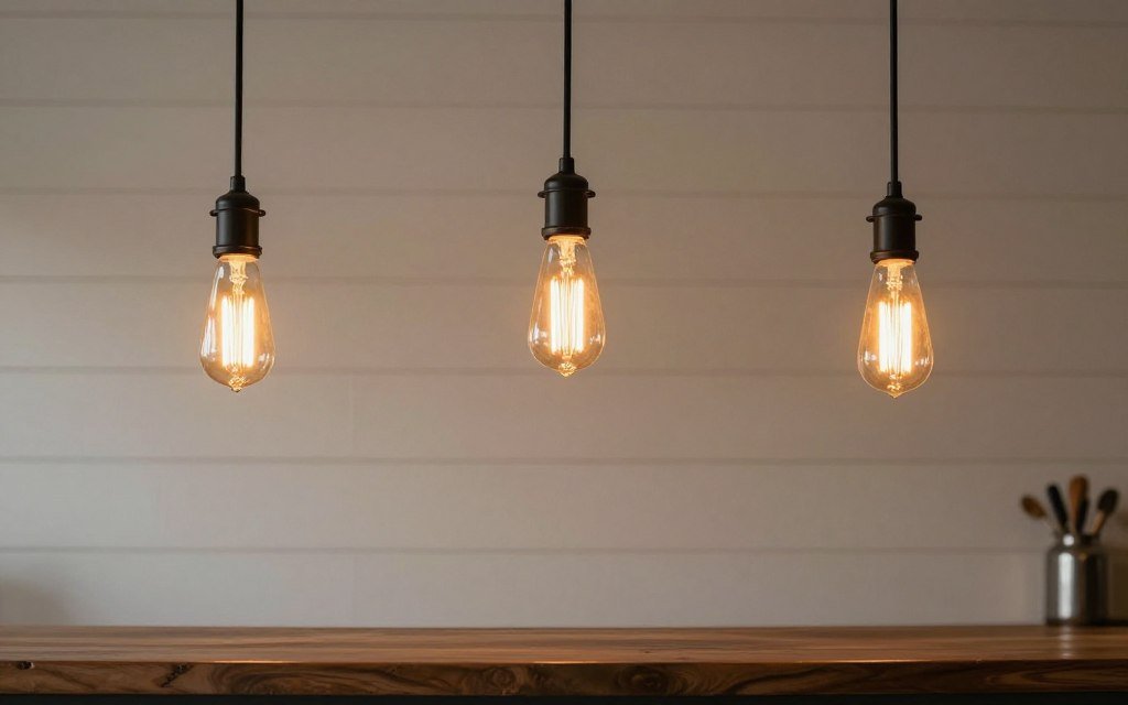 Edison bulb pendant lights over farmhouse bar