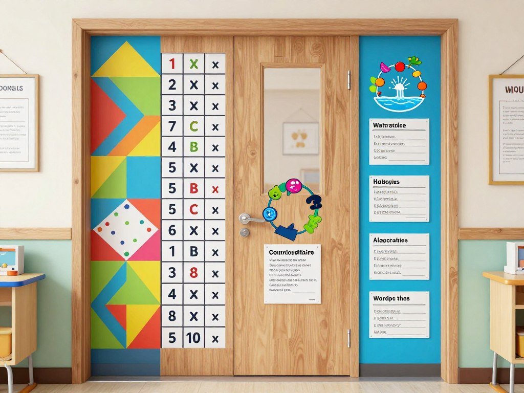 Educational math and science themed classroom door with curriculum content
