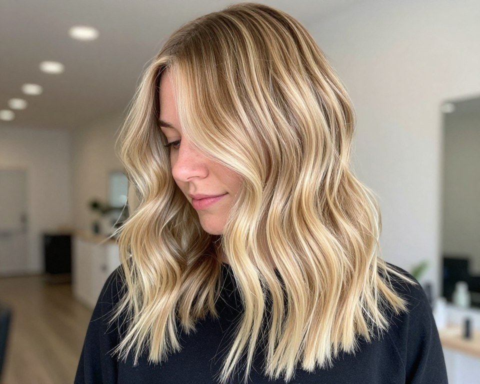 Effortless lived-in blonde balayage with natural dimension