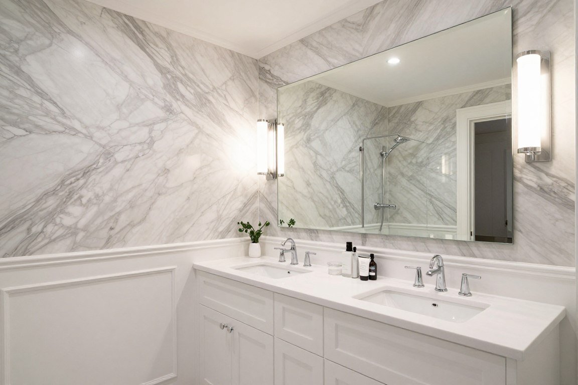 Elegant bathroom with marble-effect wallpaper above white subway tile paint effect