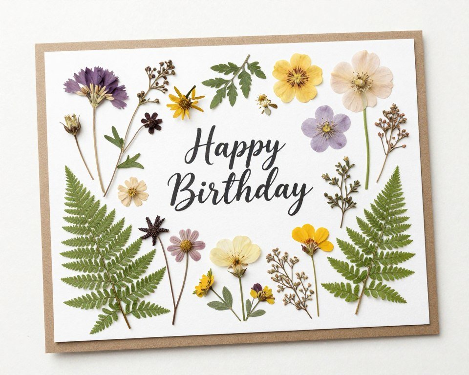 Elegant birthday card decorated with delicate pressed flowers and leaves