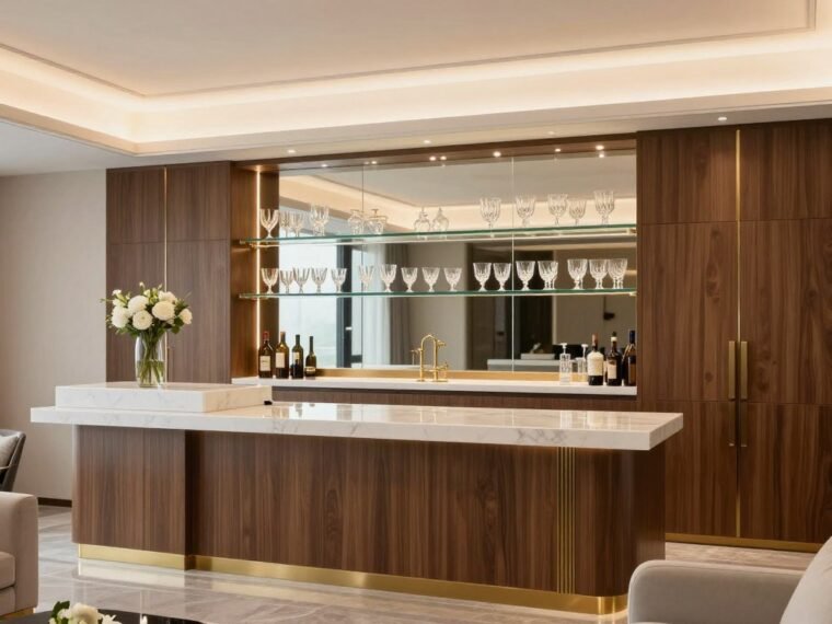 Elegant built-in bar with marble countertop in modern living room showcasing built-in bar ideas