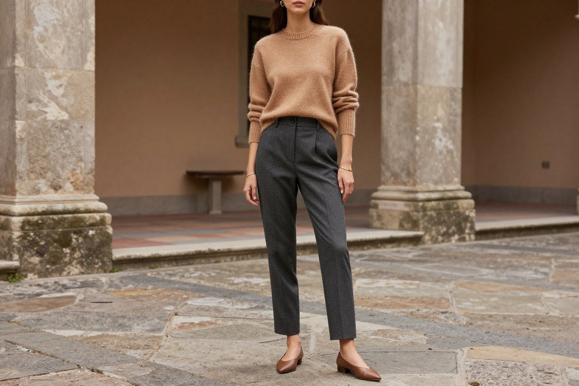 Elegant cashmere sweater with tailored trousers outfit for fall in Italy