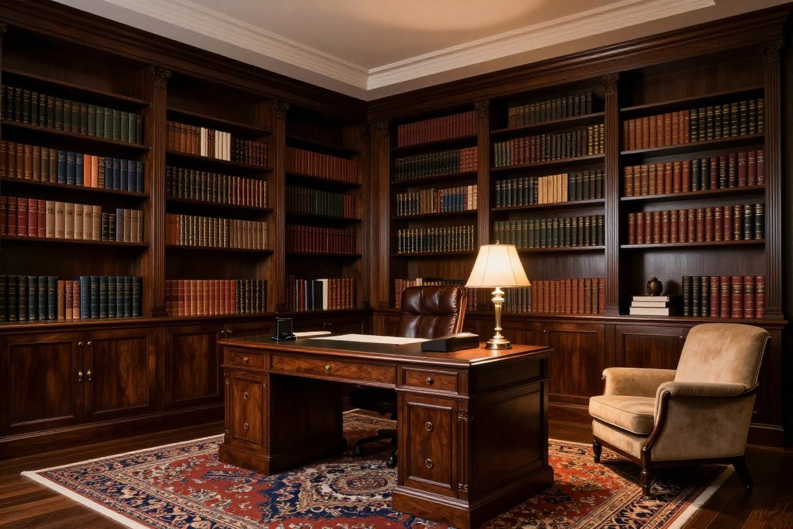 Elegant executive study featuring floor-to-ceiling bookshelves and classic wooden desk