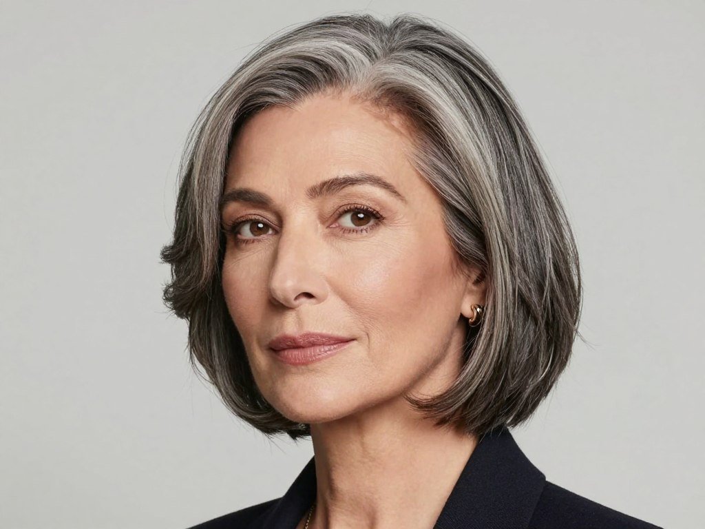 Elegant gray French bob at jawline length