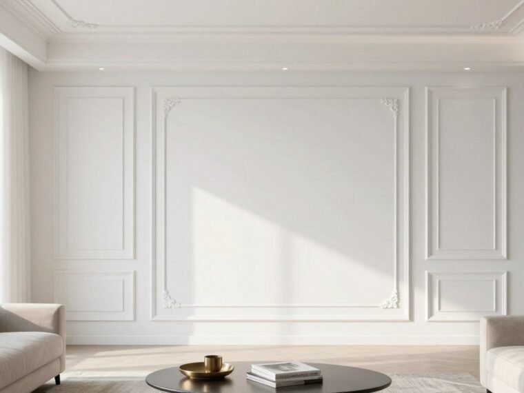 Elegant living room featuring various wall molding designs with chair rail and crown molding