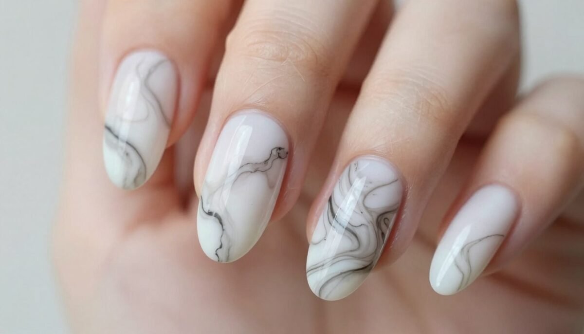 Elegant marble effect July nails with swirled design in neutral summer tones Elegant marble effect July nails with swirled design in neutral summer tones