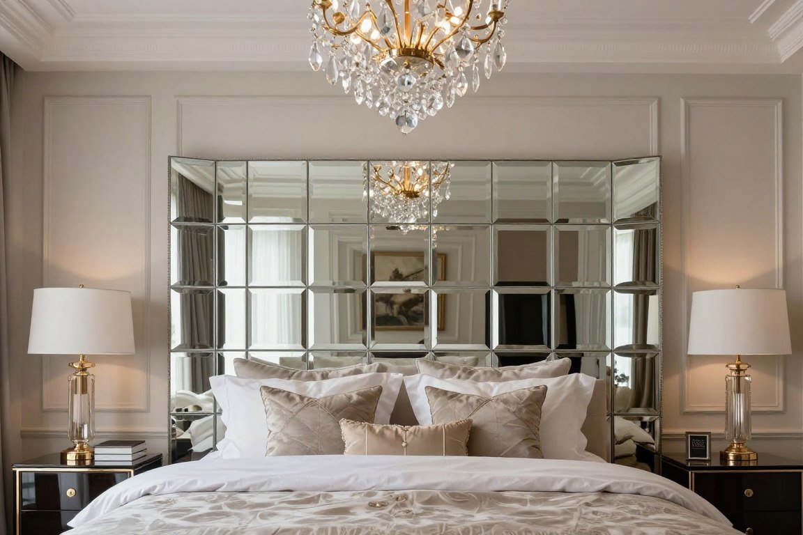 Elegant mirror tile mosaic DIY headboard with beveled edges creating glamorous reflection effect