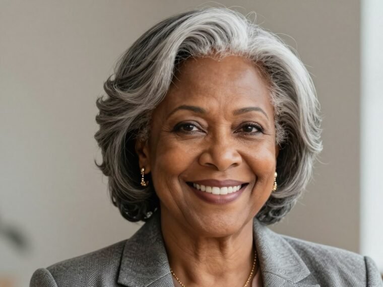 Elegant older Black woman with natural gray hair smiling confidently