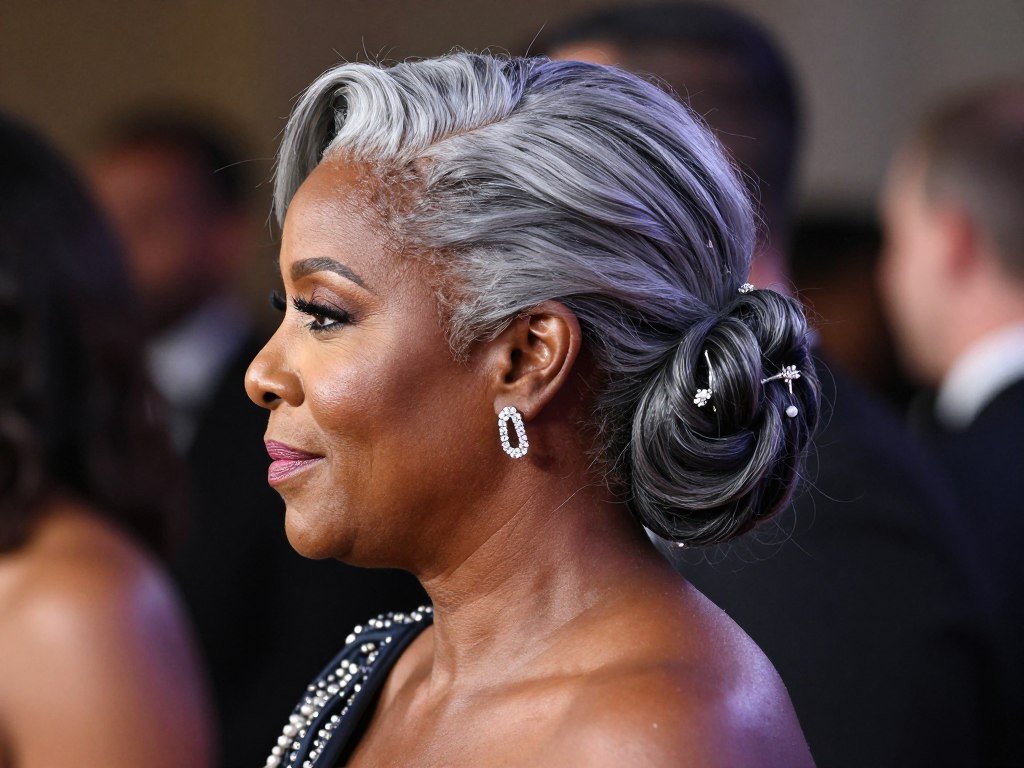 Elegant updo hairstyle on older Black woman with gray hair
