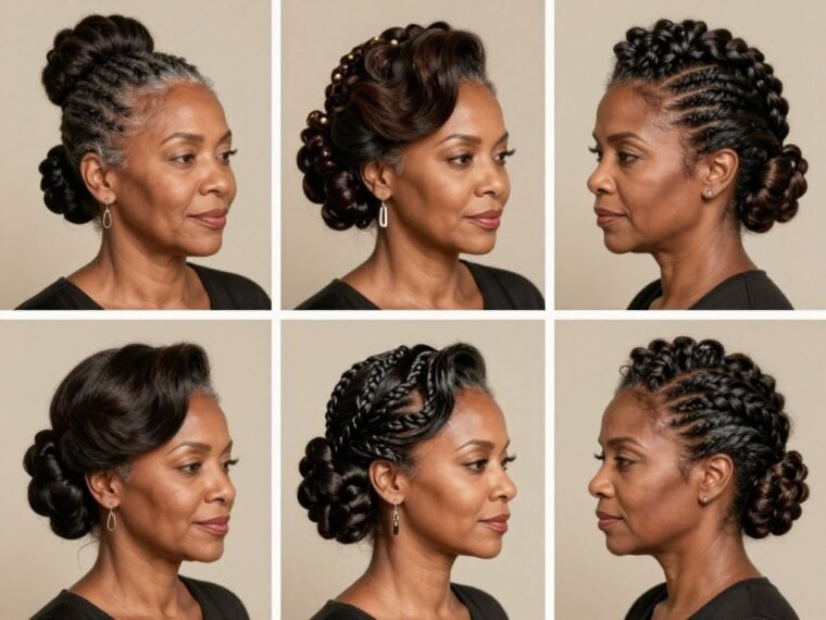 Elegant updo styles for older Black women showcasing various sophisticated hairstyles