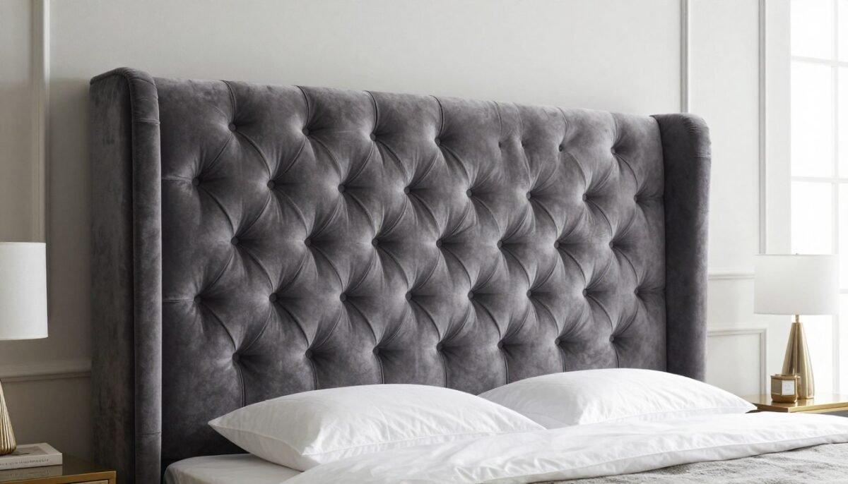 Elegant upholstered DIY headboard with tufted grey fabric and button details in modern bedroom