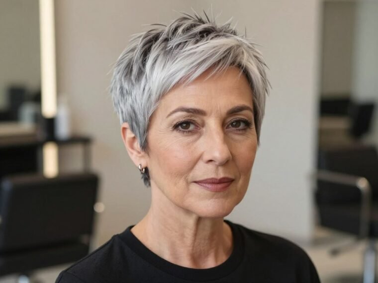 Elegant woman over 50 with short gray hair showing sophisticated pixie cut