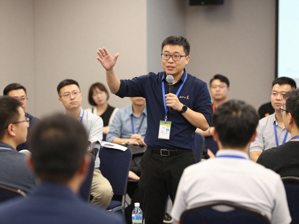 Enthusiastic facilitator leading a large group game with animated gestures