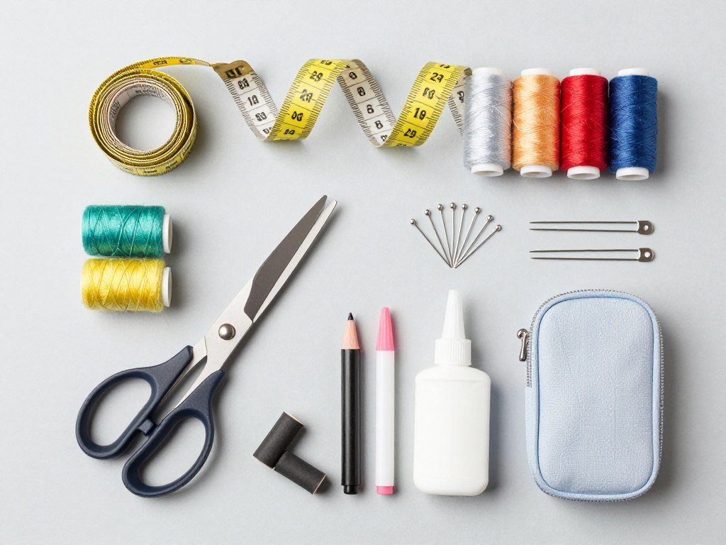 Essential DIY clothing supplies including scissors, thread, needles, and measuring tape
