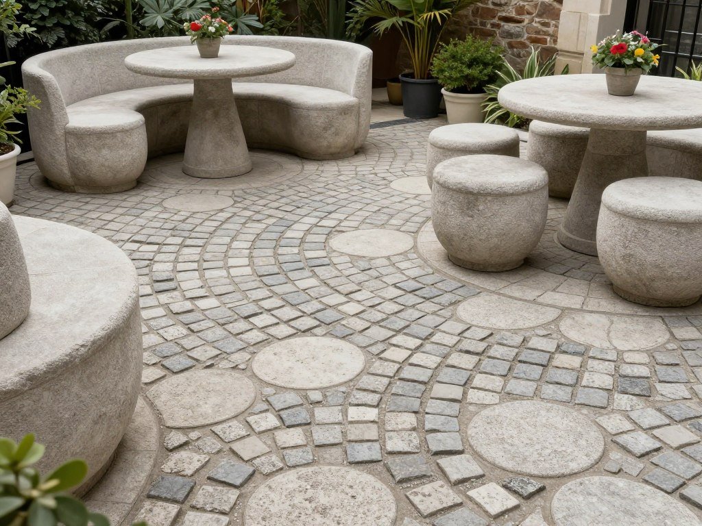 European cobblestone stamped concrete patio with rounded stone pattern in gray tones