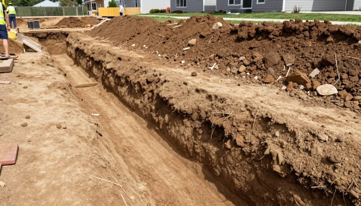Excavated trench prepared for dry creek bed installation