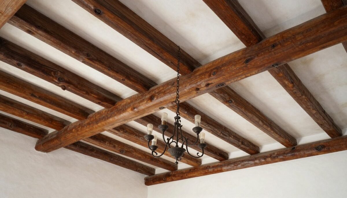 Exposed wooden ceiling beams in Mexican style room