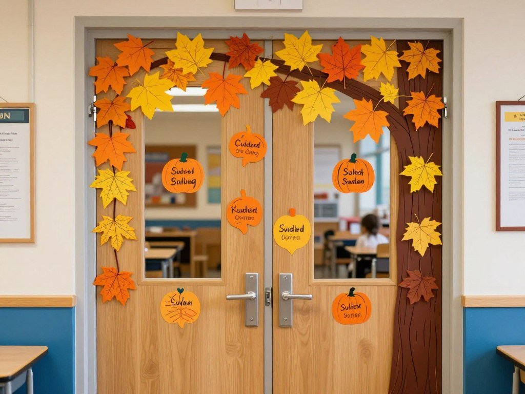 Fall harvest themed teacher door decoration with autumn leaves and pumpkins